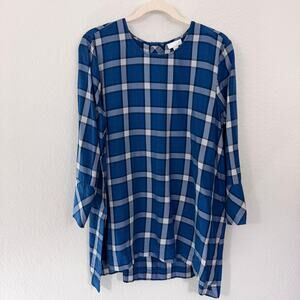 J. Jill Womens Tunic Top Blouse Size L Plaid Flowy Office Artsy Classic Blue
